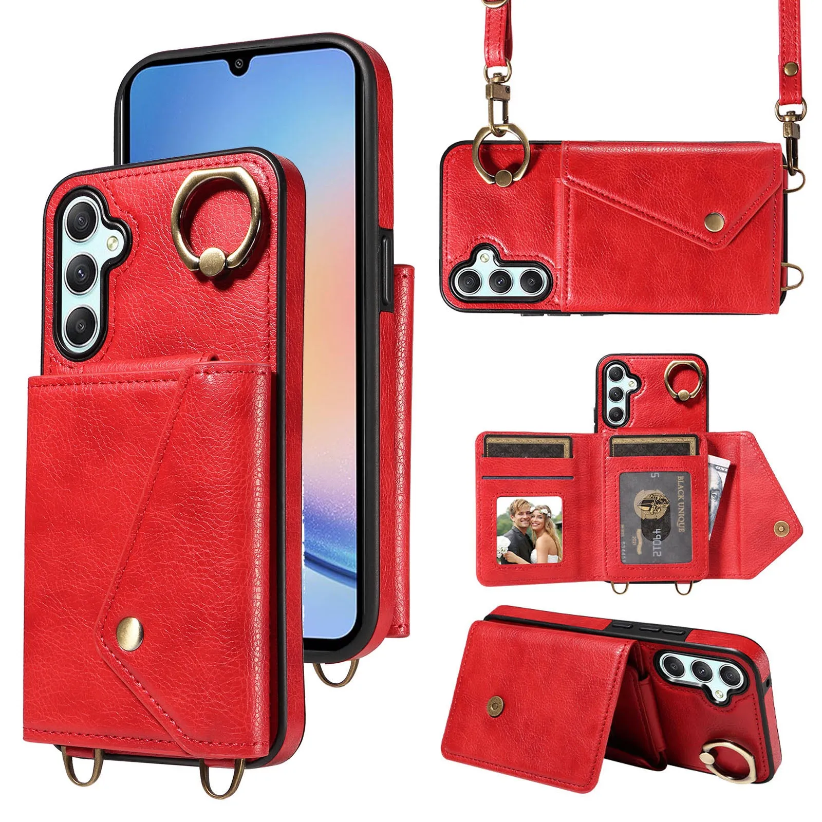 002 Litchi Texture Phone Shell for Samsung Galaxy A34 5G , Ring Kickstand Card Bag Leather TPU Case with Shoulder Strap