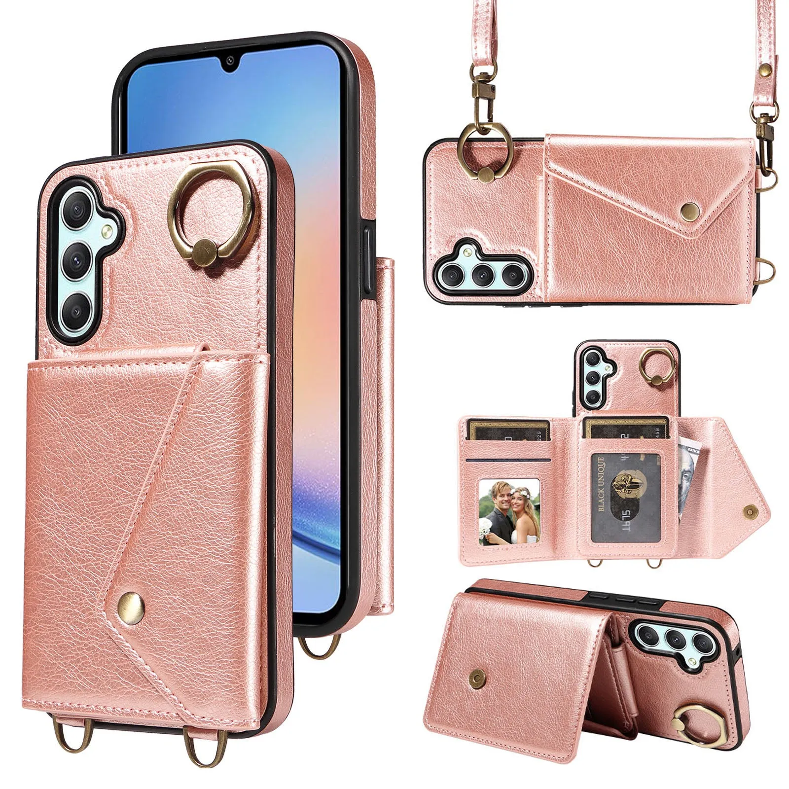 002 Litchi Texture Phone Shell for Samsung Galaxy A34 5G , Ring Kickstand Card Bag Leather TPU Case with Shoulder Strap