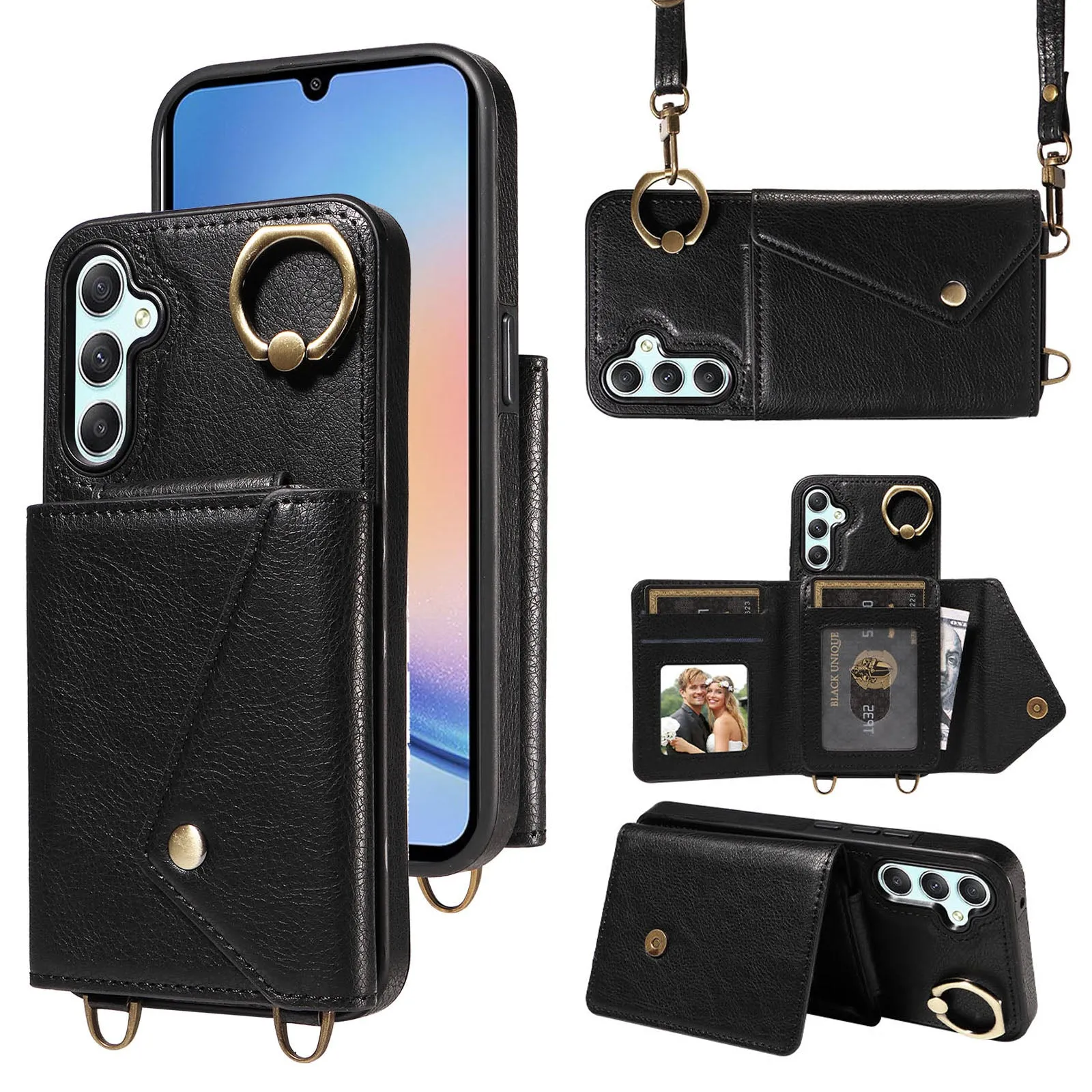 002 Litchi Texture Phone Shell for Samsung Galaxy A34 5G , Ring Kickstand Card Bag Leather TPU Case with Shoulder Strap