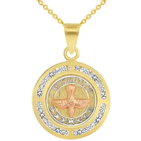 14k Yellow and Rose Gold Cubic-Zirconia Mi Bautizo Holy Spirit Dove Medallion Pendant with Cable Necklace