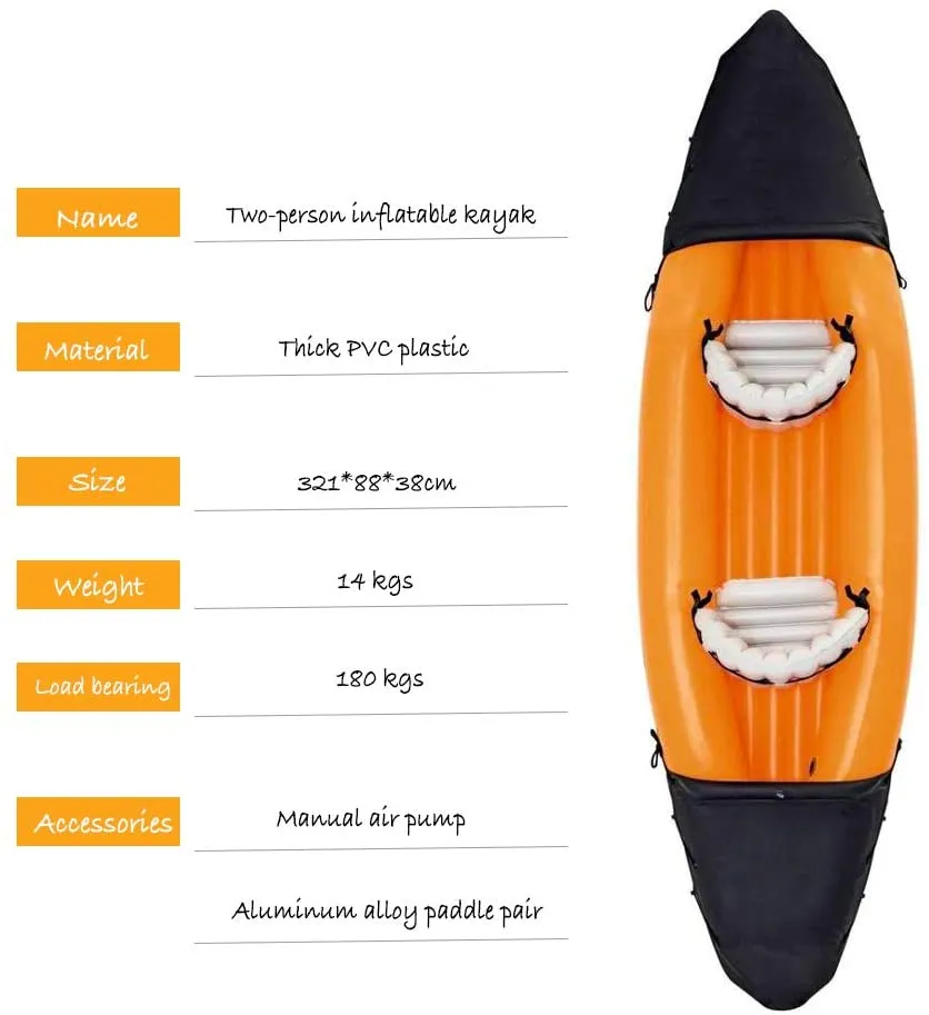 2 Person Inflatable Kayak, Orange Boat Fishing Portable