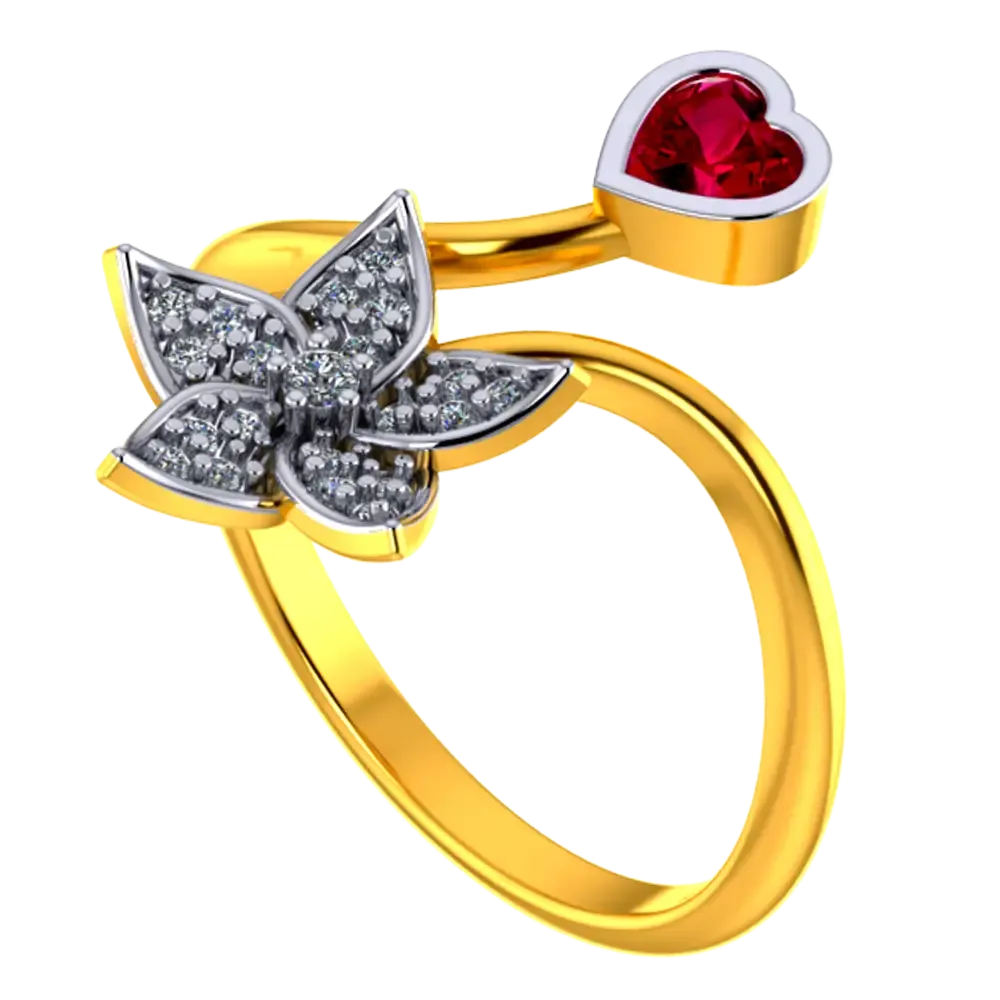 22k Gold Ring With A American Diamond Studded Five-petal Floral Design And A Mini Heart