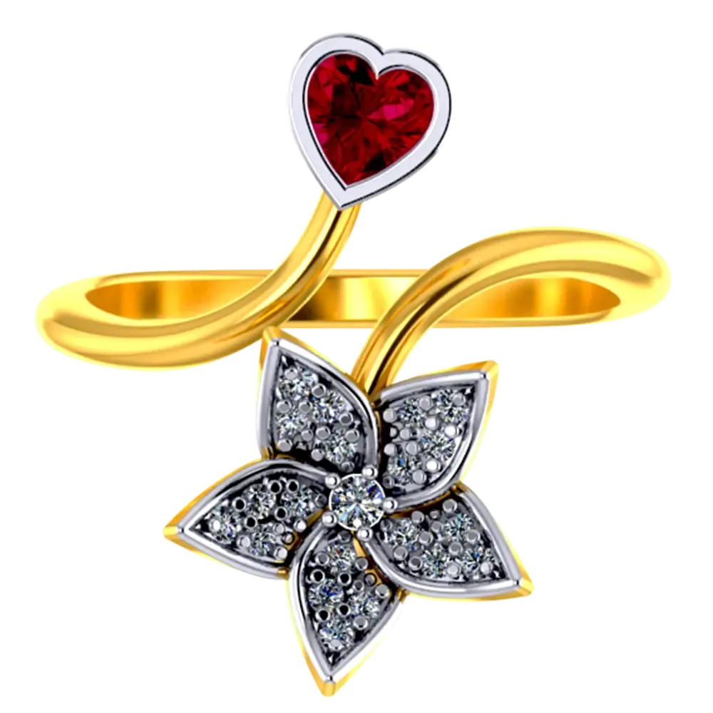 22k Gold Ring With A American Diamond Studded Five-petal Floral Design And A Mini Heart