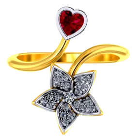 22k Gold Ring With A American Diamond Studded Five-petal Floral Design And A Mini Heart