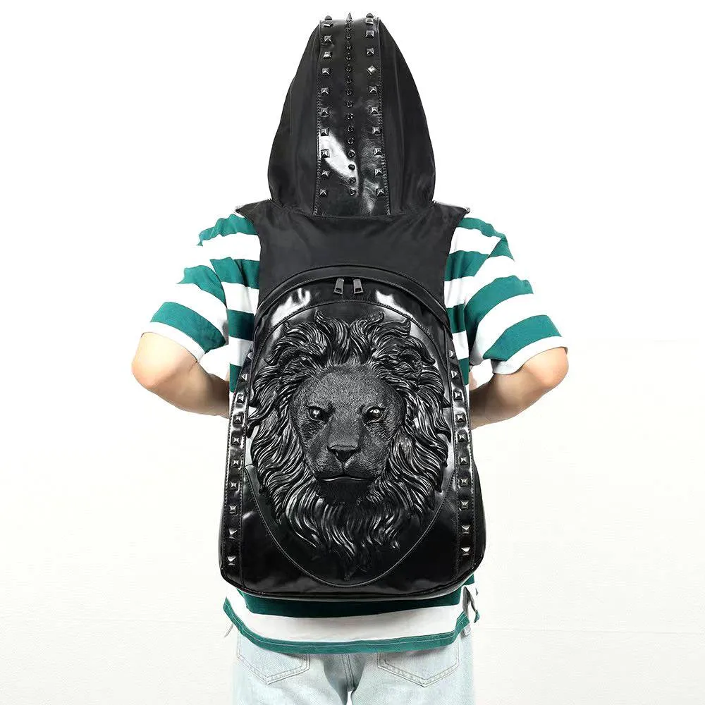 3D Backpack Mens Studded Lion King Hooded Backpack