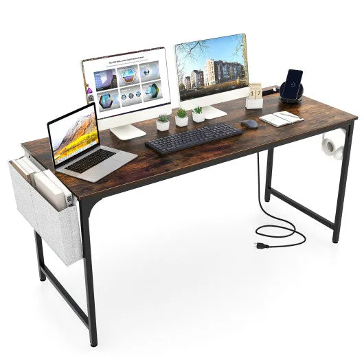 60 Inch Computer Desk with Charging Station Storage Bag-Rustic Brown