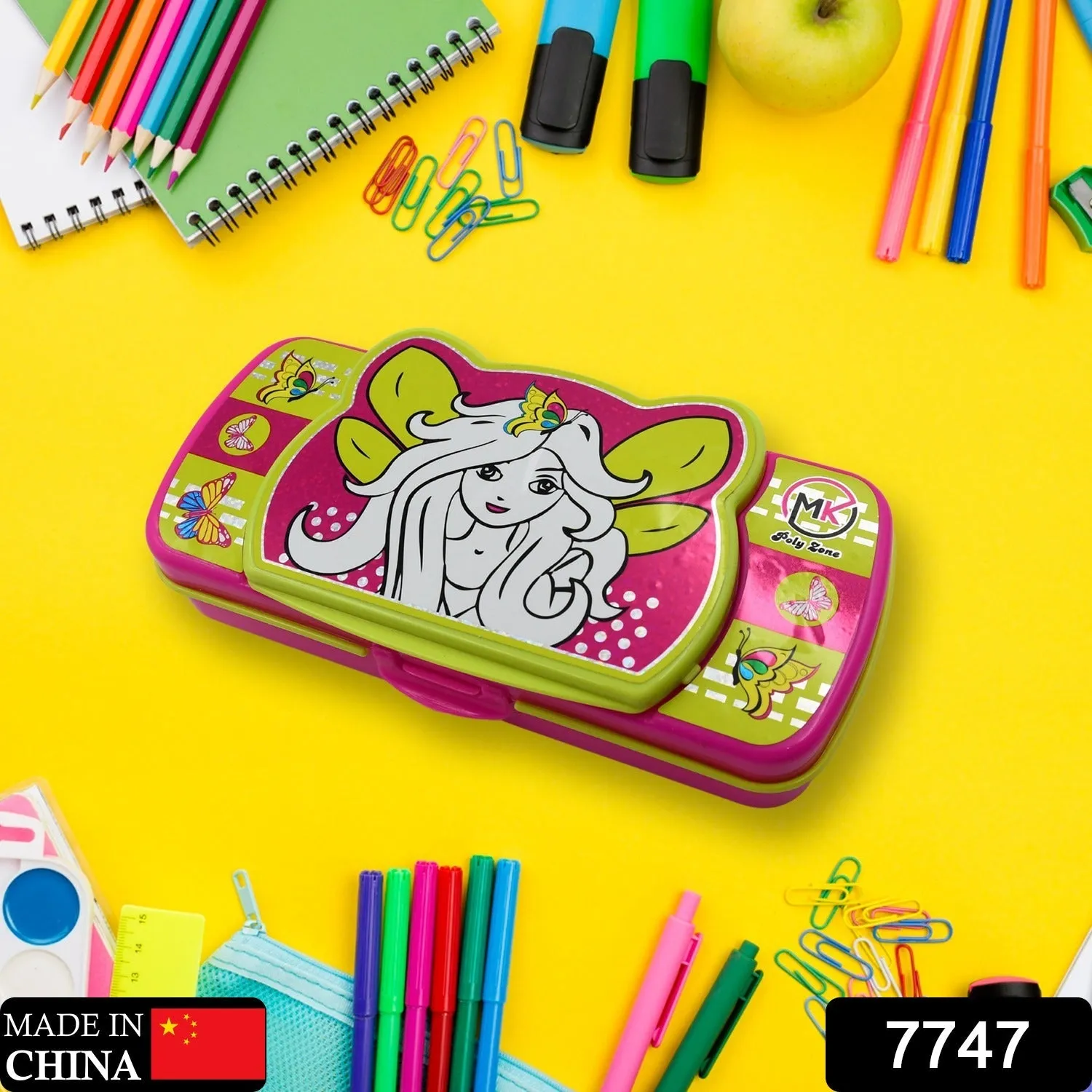 7747 Multipurpose Compass Box, Pencil Box with 2 Compartments for School, Cartoon Printed Pencil Case for Kids, Birthday Gift for Girls & Boys