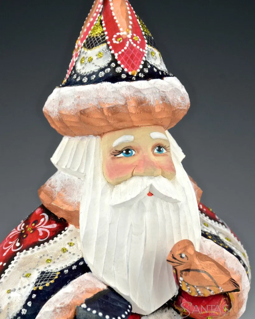 8 inch Unique and Decorative Russian Santa with Bird and Toybag