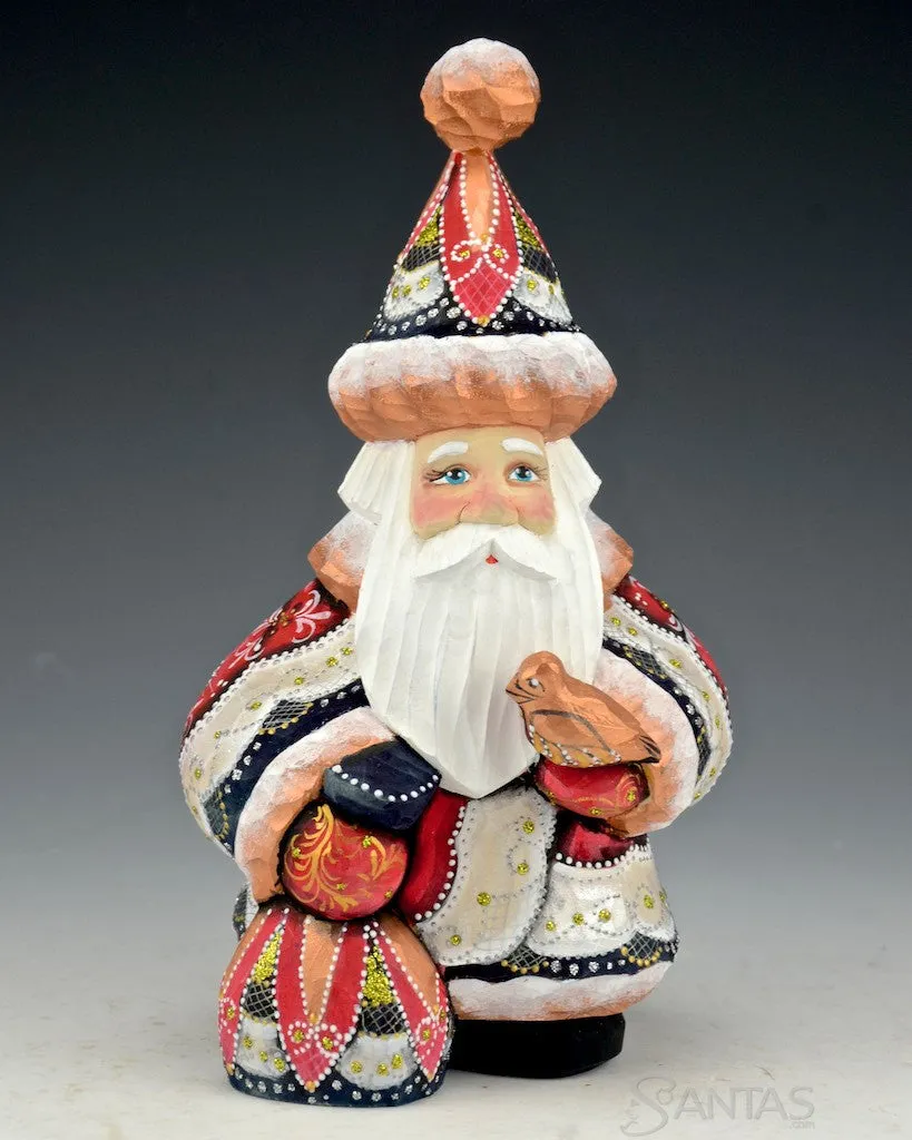 8 inch Unique and Decorative Russian Santa with Bird and Toybag