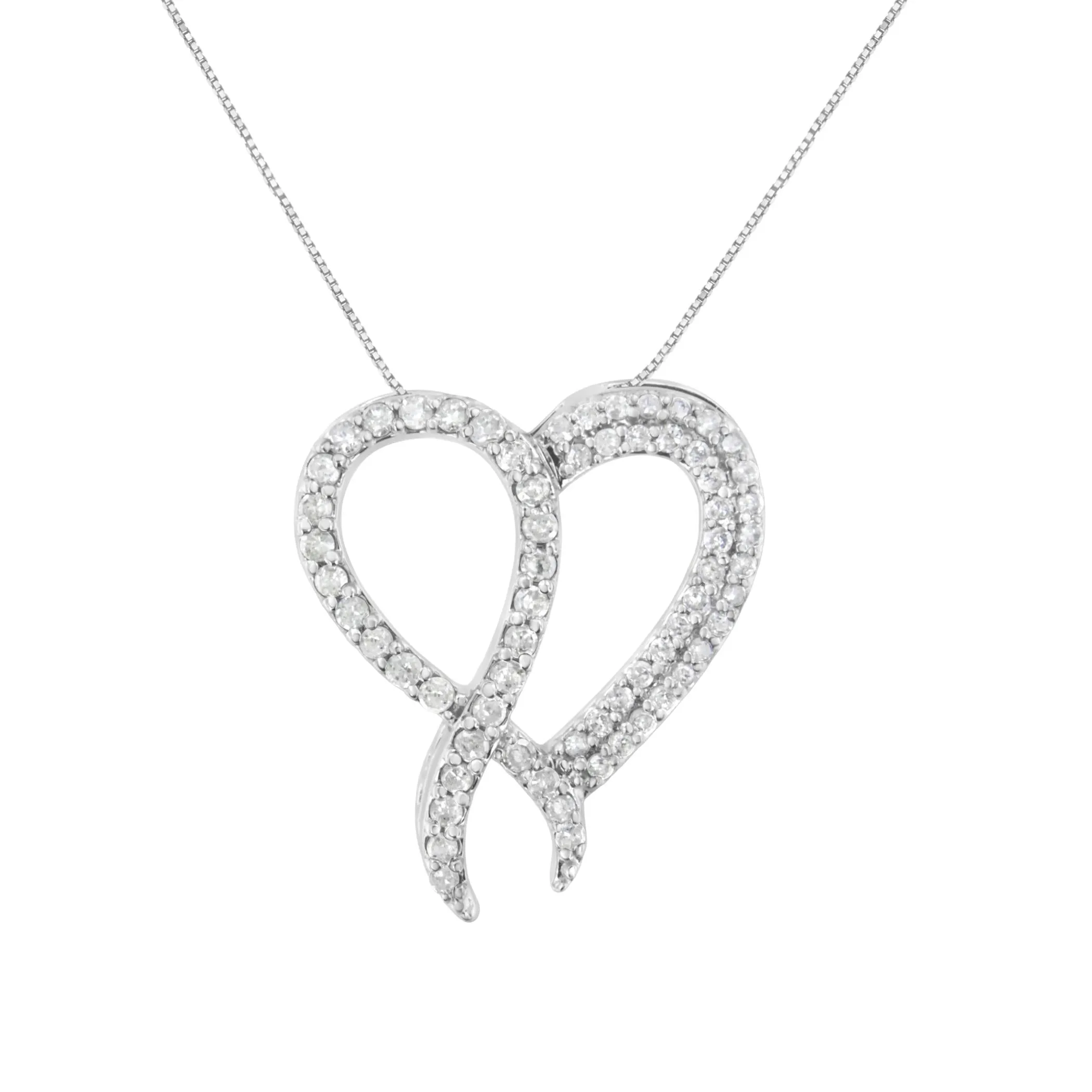 .925 Sterling Silver 1 cttw Diamond Heart and Ribbon 18" Pendant Necklace (I-J Clarity, I2-I3 Color) - 18"