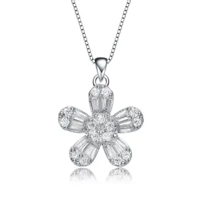 .925 Sterling Silver With Rhodium Plated Baguette Cubic Zirconia Flower Style Pendant Necklace