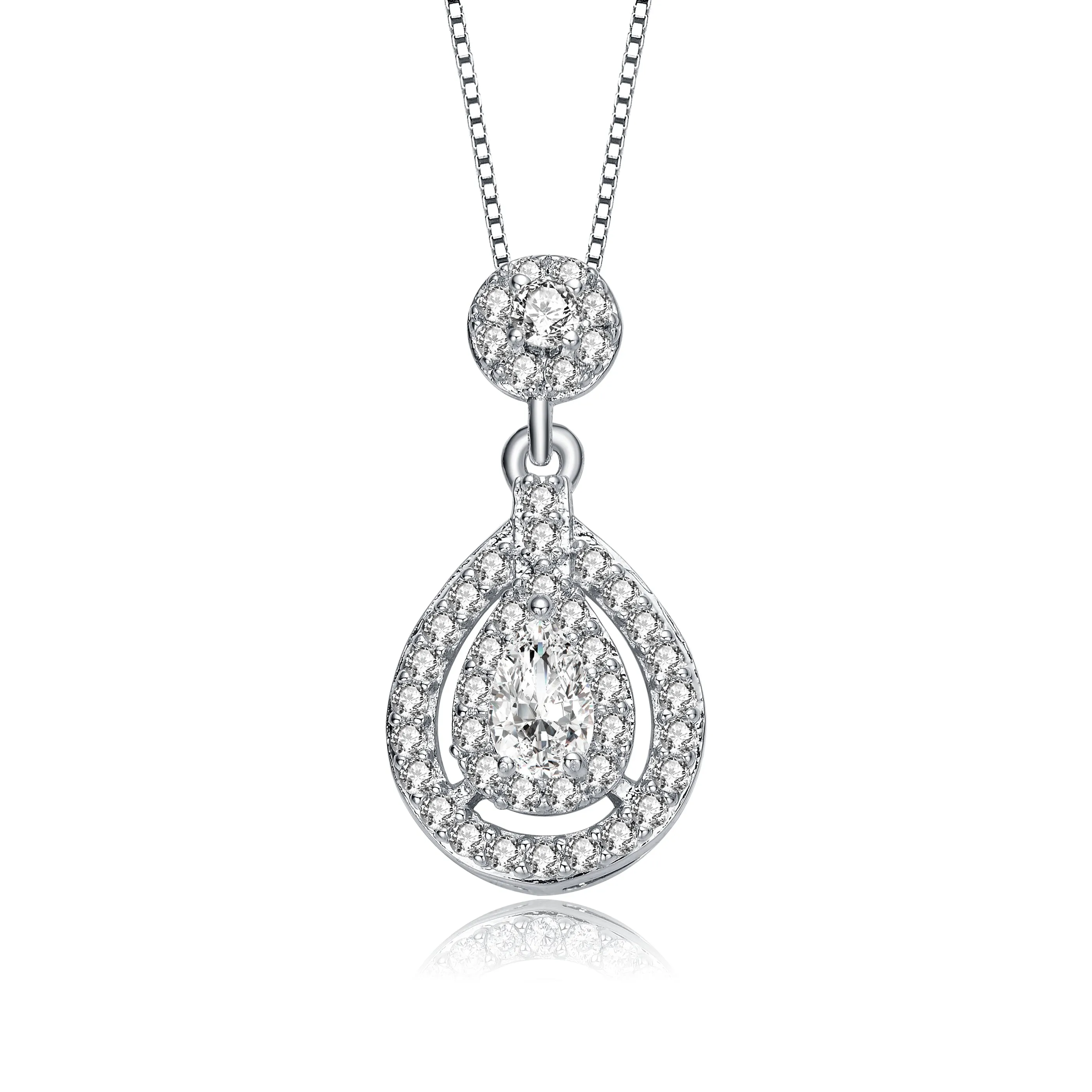 .925 Sterling Silver With Rhodium Plated Pear And Round Cz Accent Drop Pendant Necklace