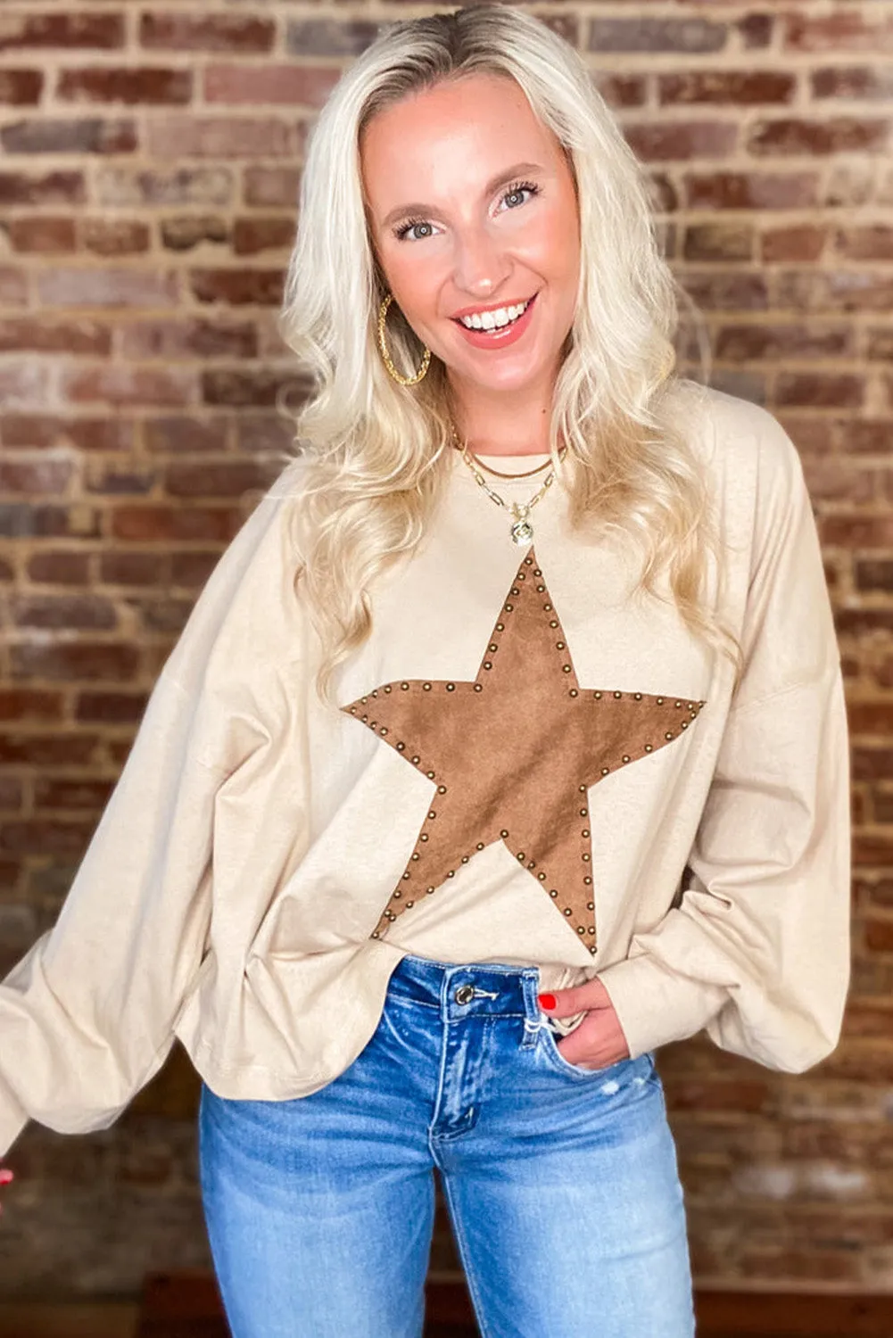 Abby Apricot Studded Star Graphic Long Sleeve Top