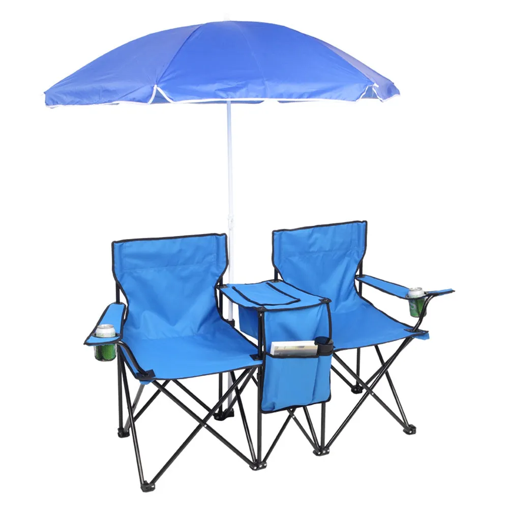 ALICIAN Double Folding Picnic Camping Chairs with Umbrella Blue