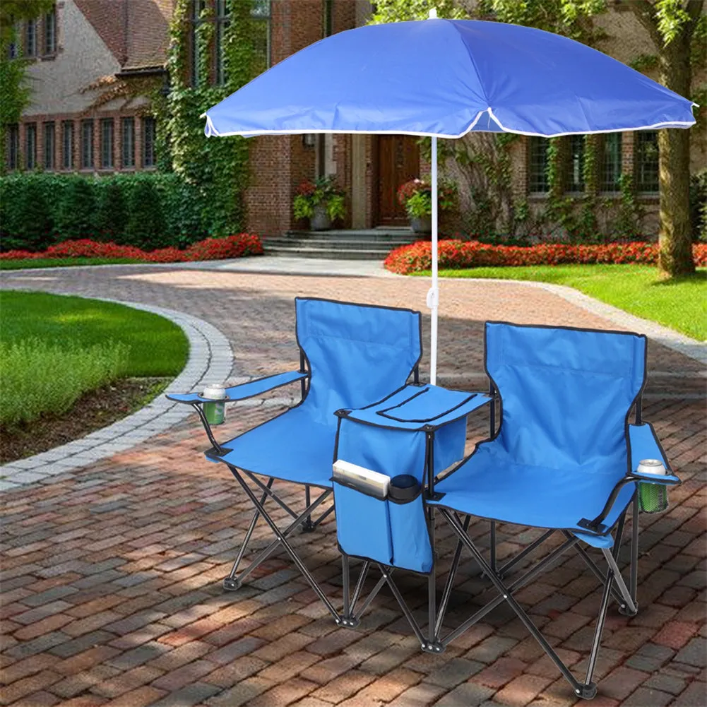 ALICIAN Double Folding Picnic Camping Chairs with Umbrella Blue