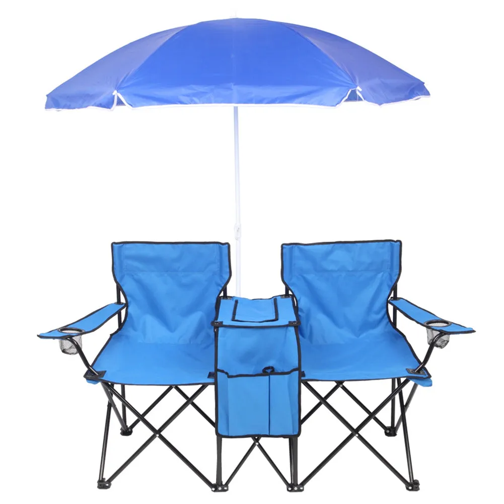 ALICIAN Double Folding Picnic Camping Chairs with Umbrella Blue