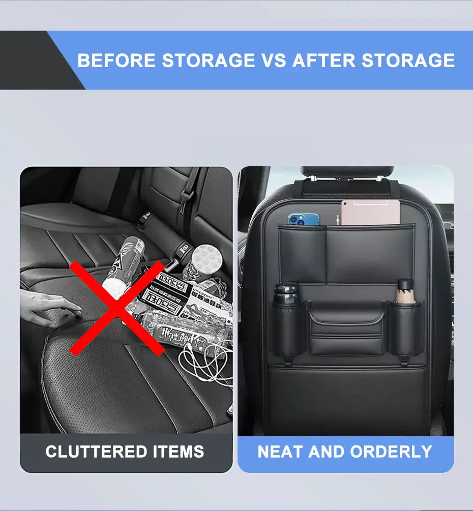 All in one Car Seat Back Storage Bag Upgraded 6-Pocket Car Organizer with Hook Tissue Holder Anti Kick Pad Cup Holder