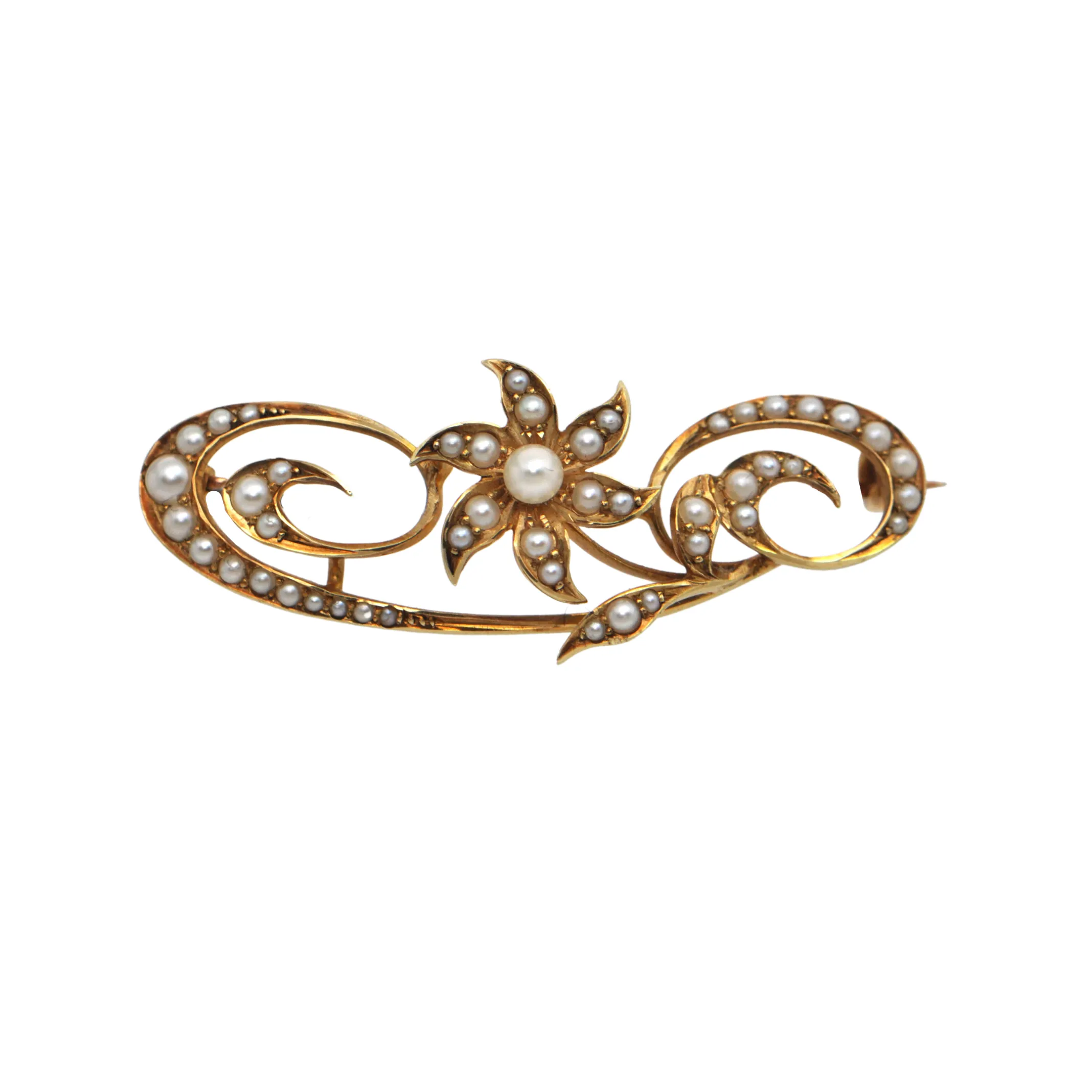 Antique Art Nouveau 15K Seed Pearl Gold Brooch