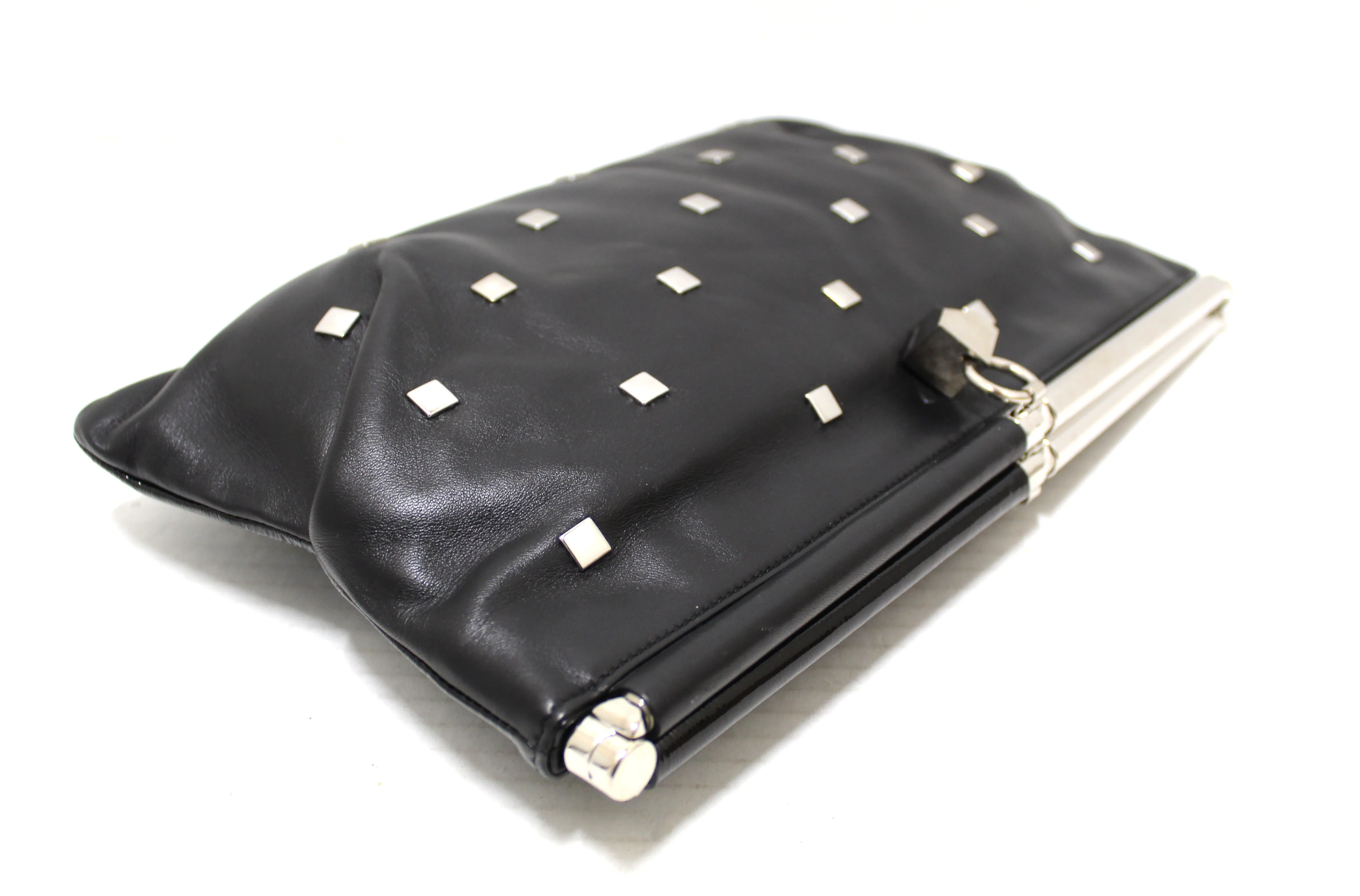 Authentic Jimmy Choo Black Square Studded Nappa and Patent Leather Clutch