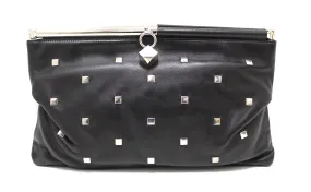 Authentic Jimmy Choo Black Square Studded Nappa and Patent Leather Clutch