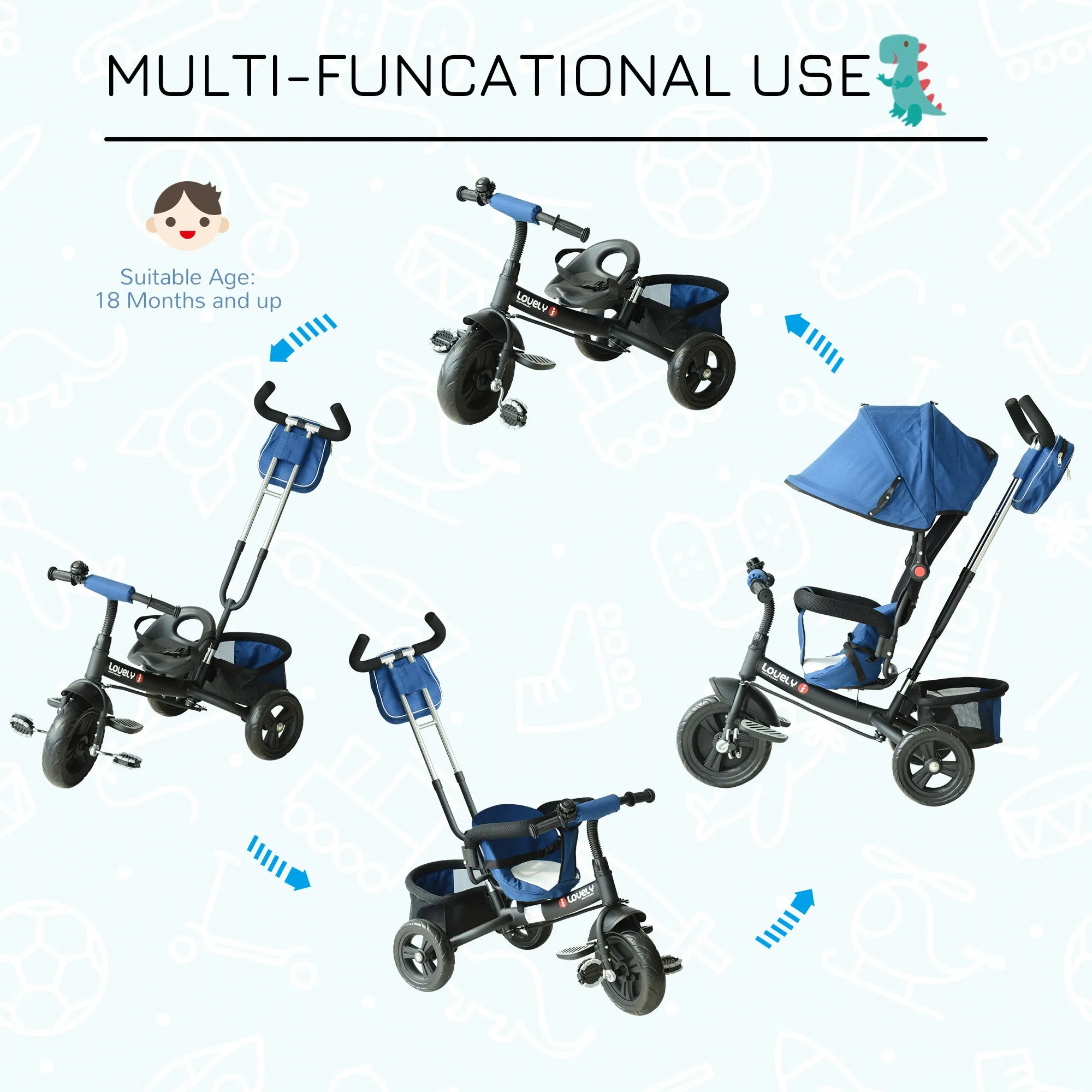 Baby Ride on Tricycle W/Canopy-Blue