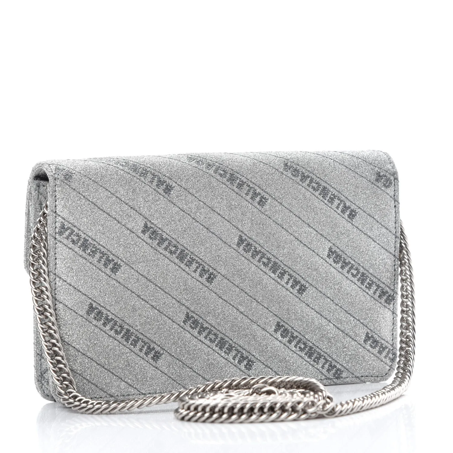 Balenciaga BB Silver Glittered Leather Wallet on Chain Bag