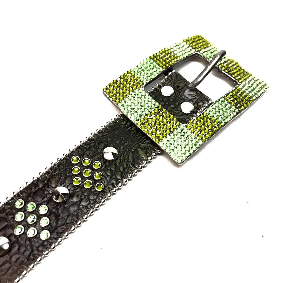 b.b. Simon Green Studded Leather Fully Loaded Big Block Crystal Belt