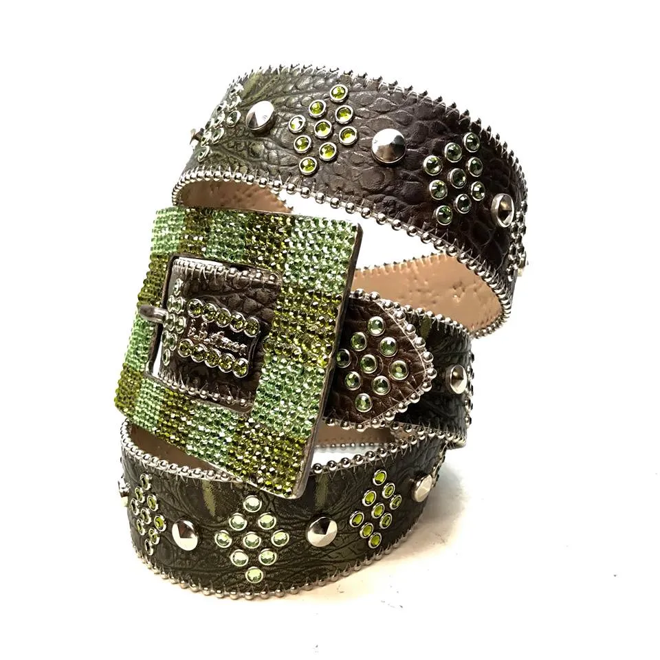 b.b. Simon Green Studded Leather Fully Loaded Big Block Crystal Belt