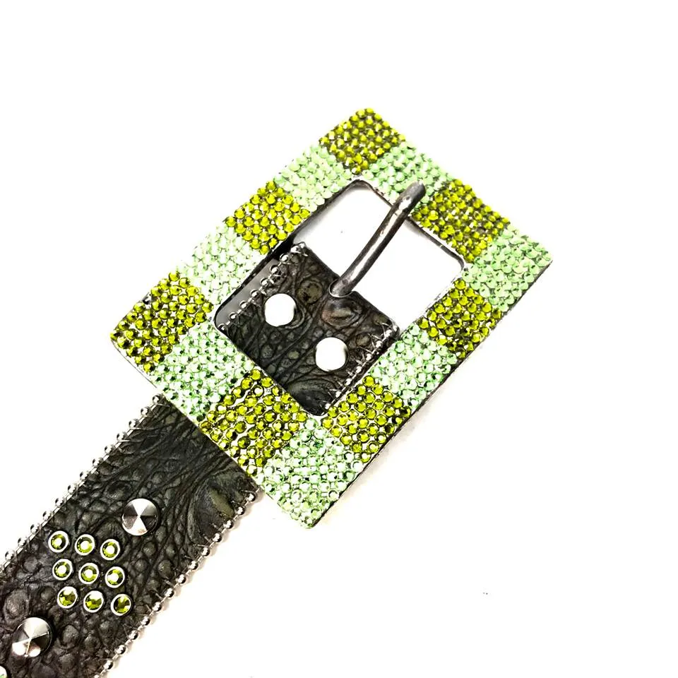 b.b. Simon Green Studded Leather Fully Loaded Big Block Crystal Belt