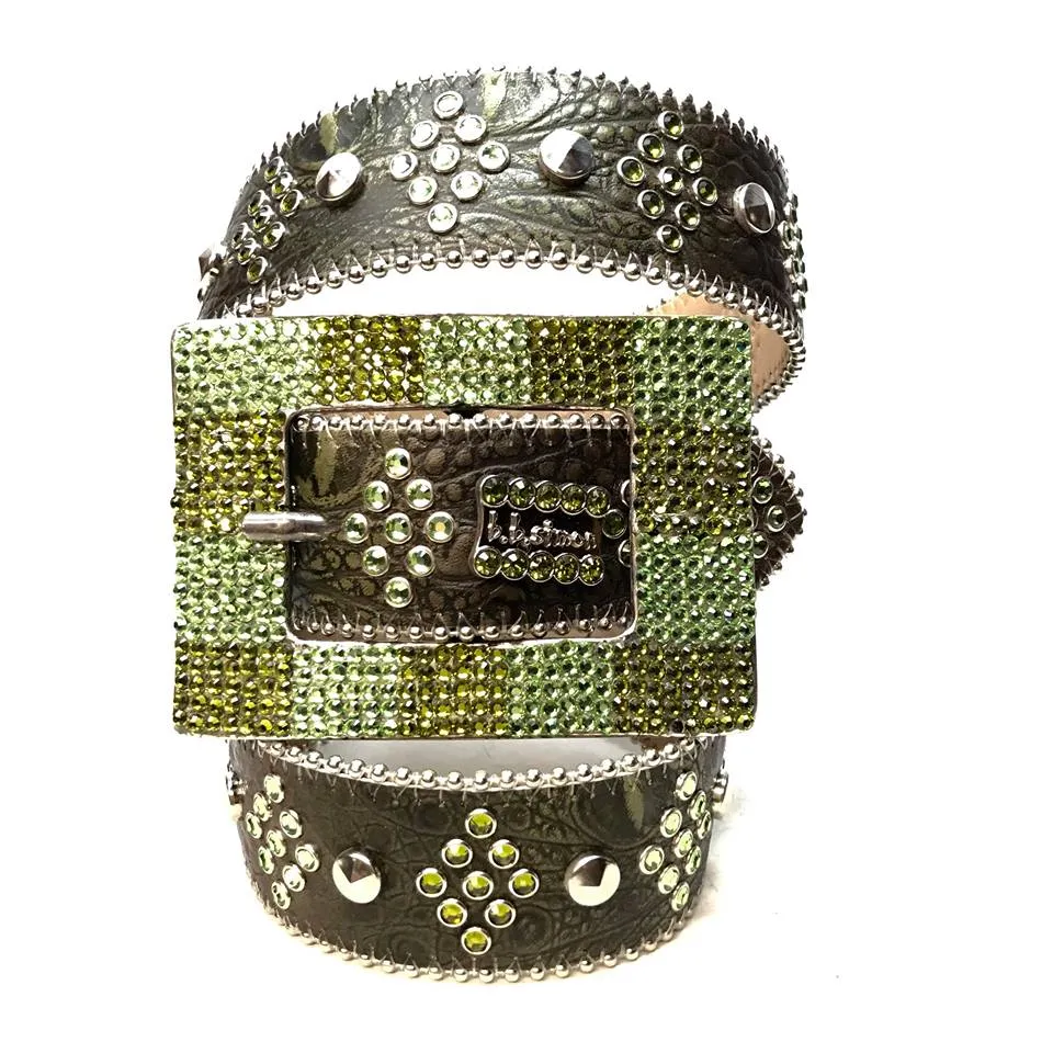 b.b. Simon Green Studded Leather Fully Loaded Big Block Crystal Belt