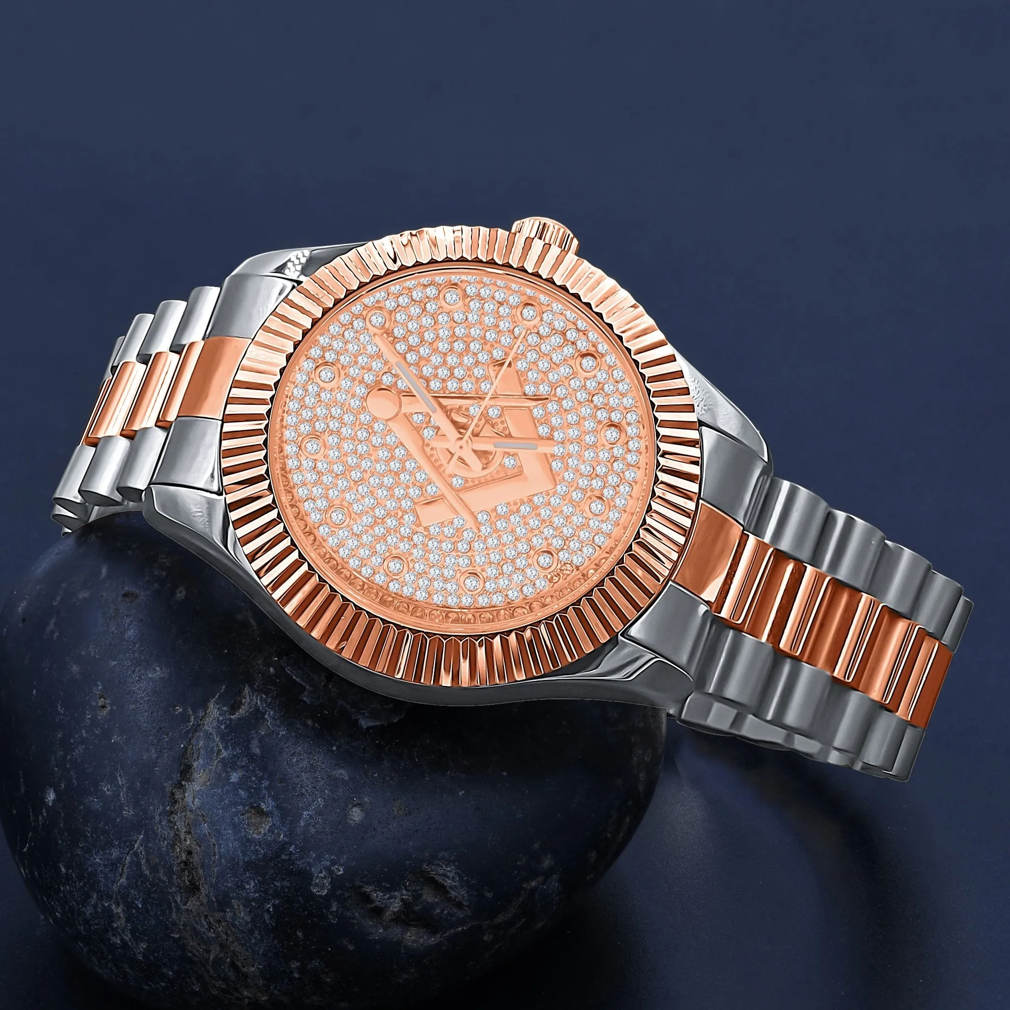 Bi-color Masonic Iced Out Metal Watch