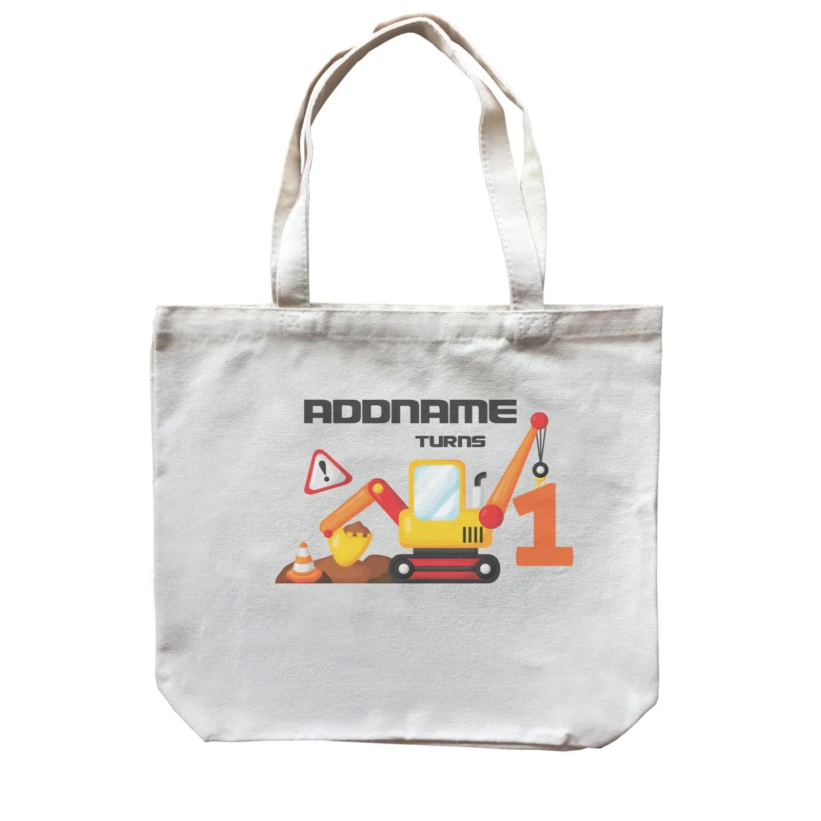 Birthday Construction Excavator Addname Turns 1 Canvas Bag