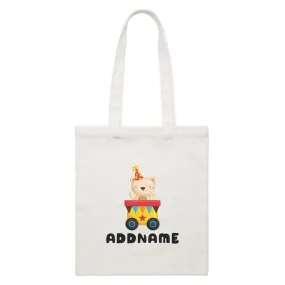 Birthday Fun Train Bear Wearing Party Hat Addname White Canvas Bag