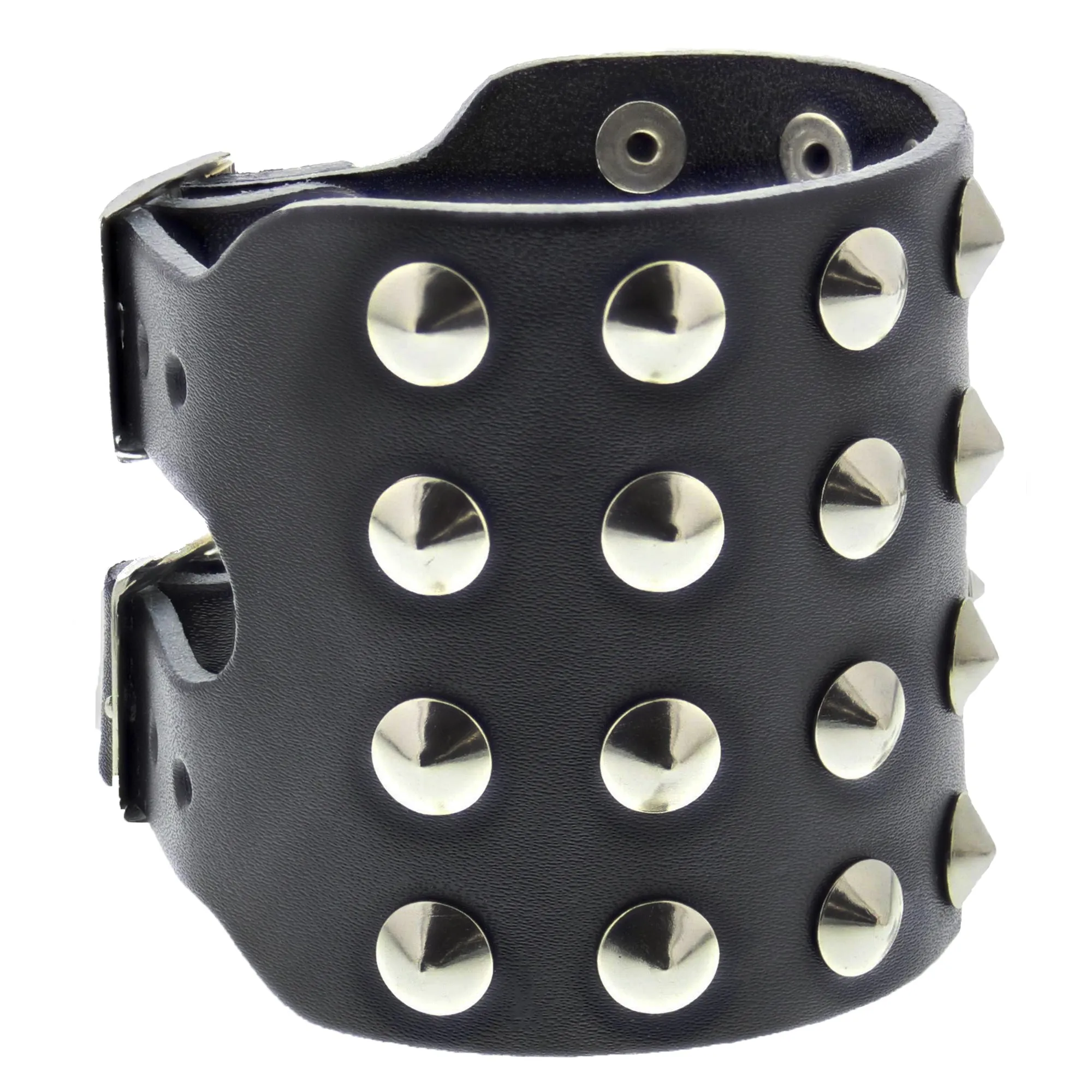 Black 4-Row Conical Studded Leather Bracelet with Buckle