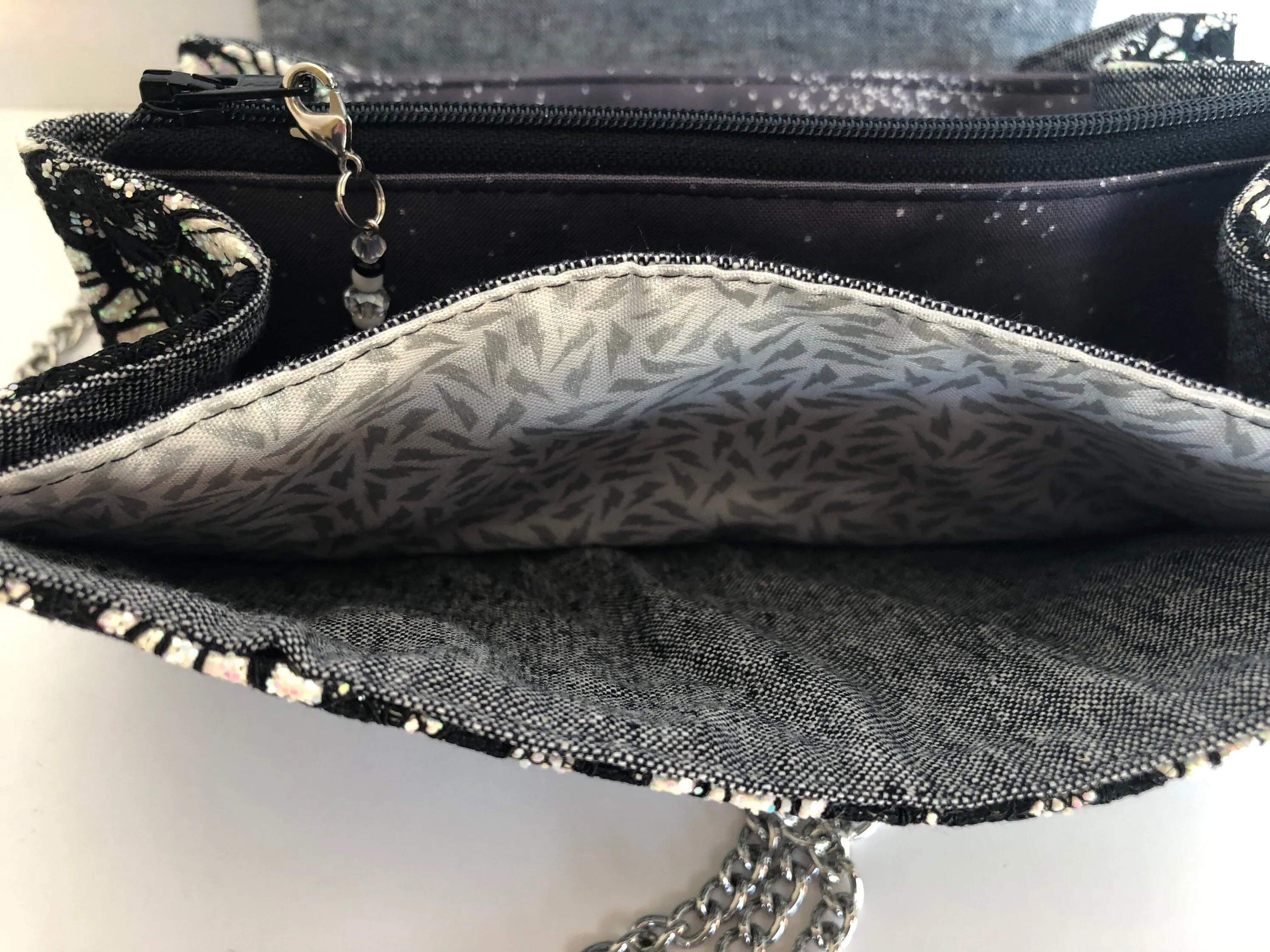 Black Lace over White Glitter Canvas Evening Bag, Wallet with Bag Chain, Ladies Wallet, Clutch bag