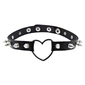 Black PU Choker with Heart & Spikes