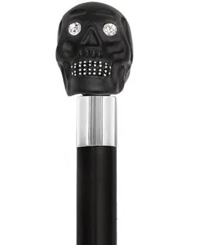 Black Skull Head Cane With Swarovski Crystal Eyes and Teeth-Italian Handle w/Custom Shaft and Collar