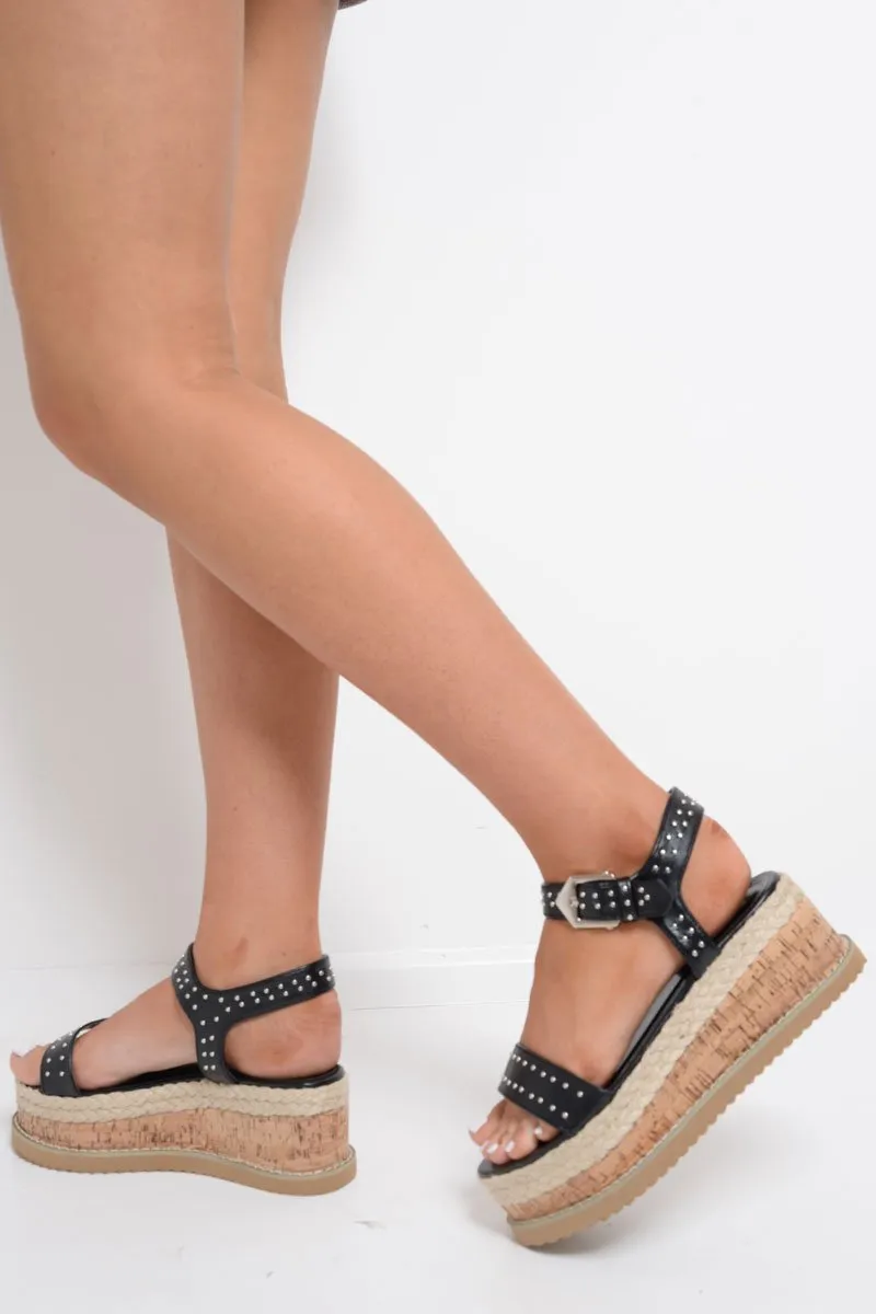 Black Stud PU Wedges - Neive