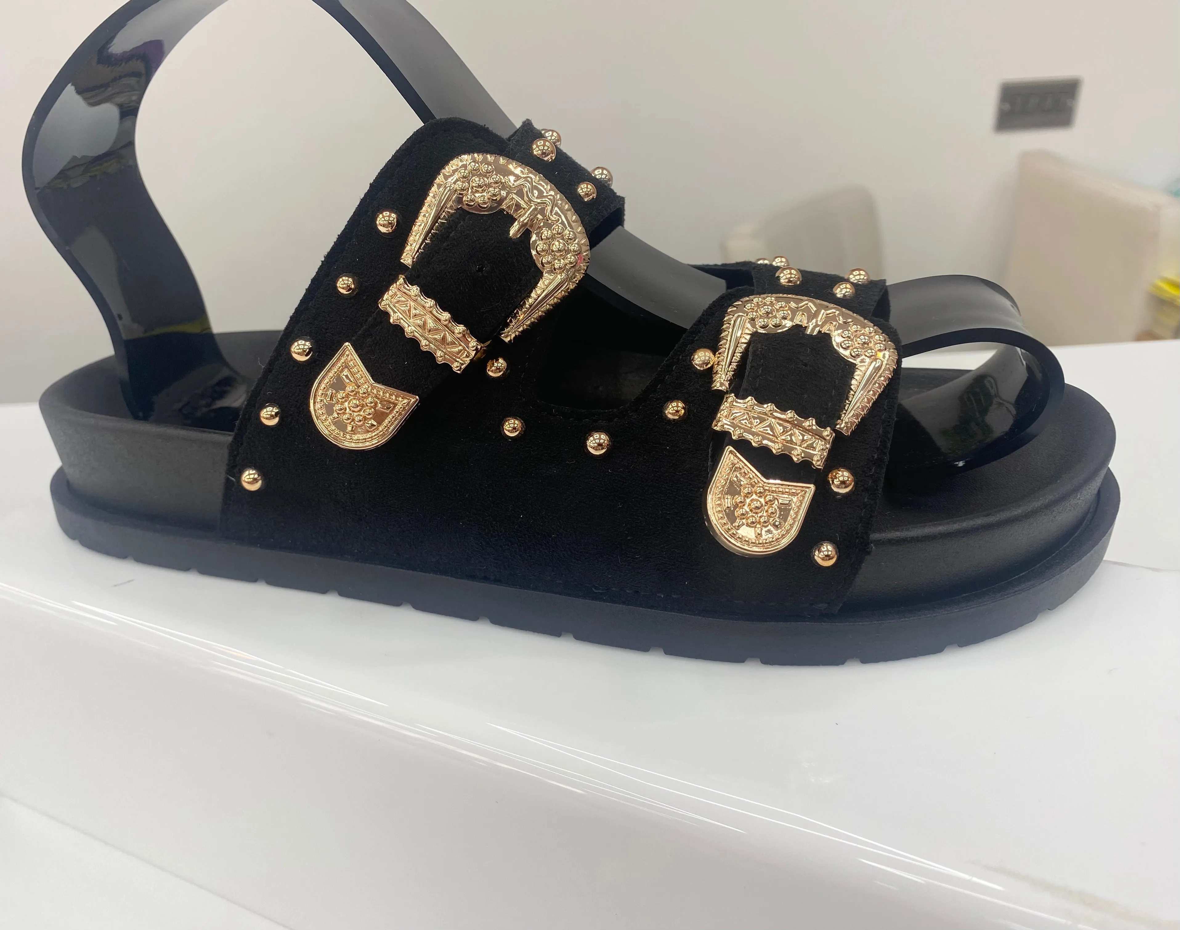 Black Studded Buckle Strap Sliders