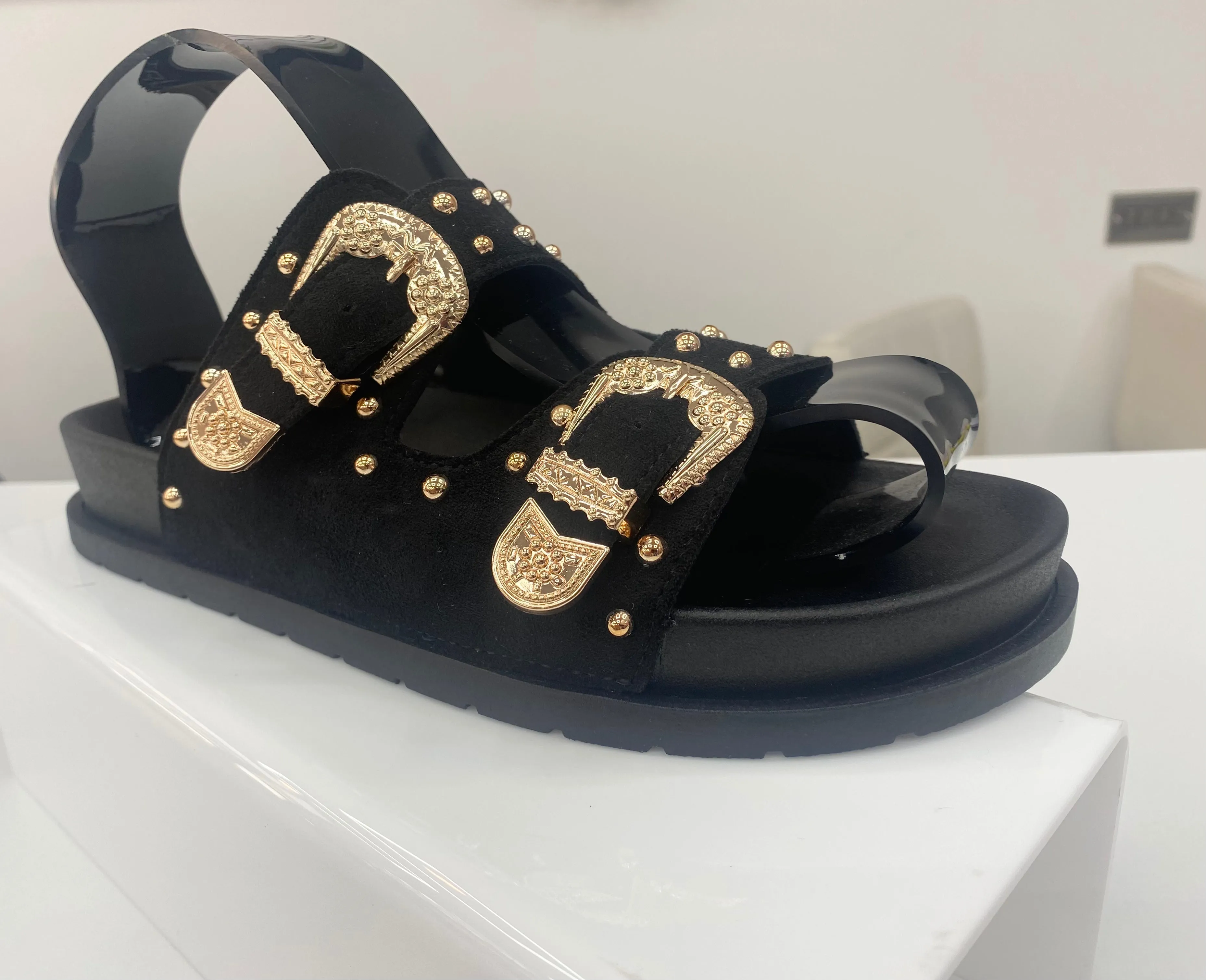 Black Studded Buckle Strap Sliders