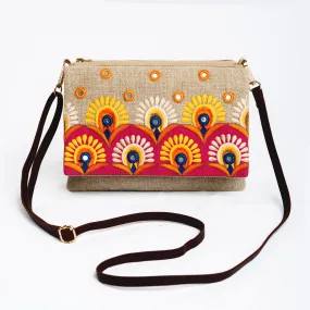 Boho Sling bag, Linen fabric with Kutch embroidery pattern