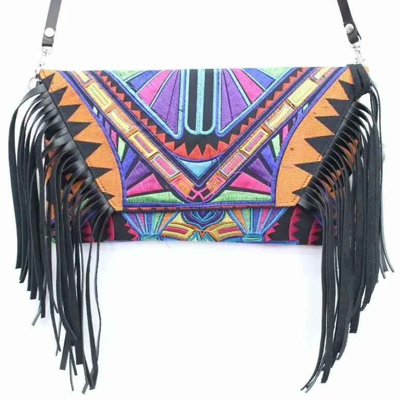 Boho Tribal Crossbody Embroidered Fringe Envelope Bag - Thailand