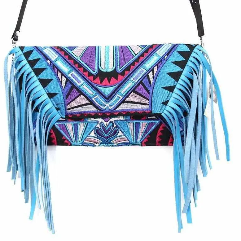 Boho Tribal Crossbody Embroidered Fringe Envelope Bag - Thailand