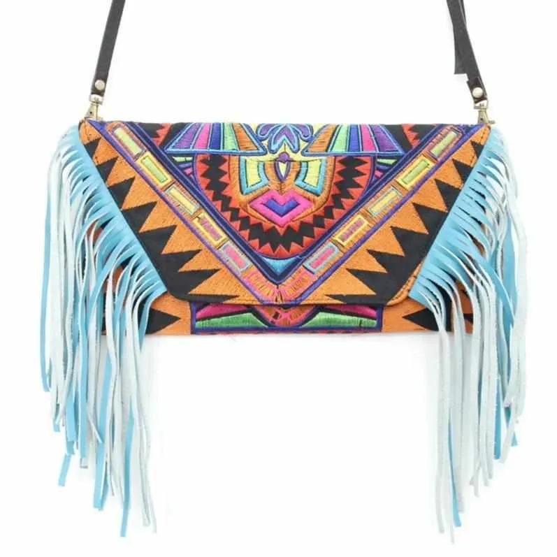 Boho Tribal Crossbody Embroidered Fringe Envelope Bag - Thailand