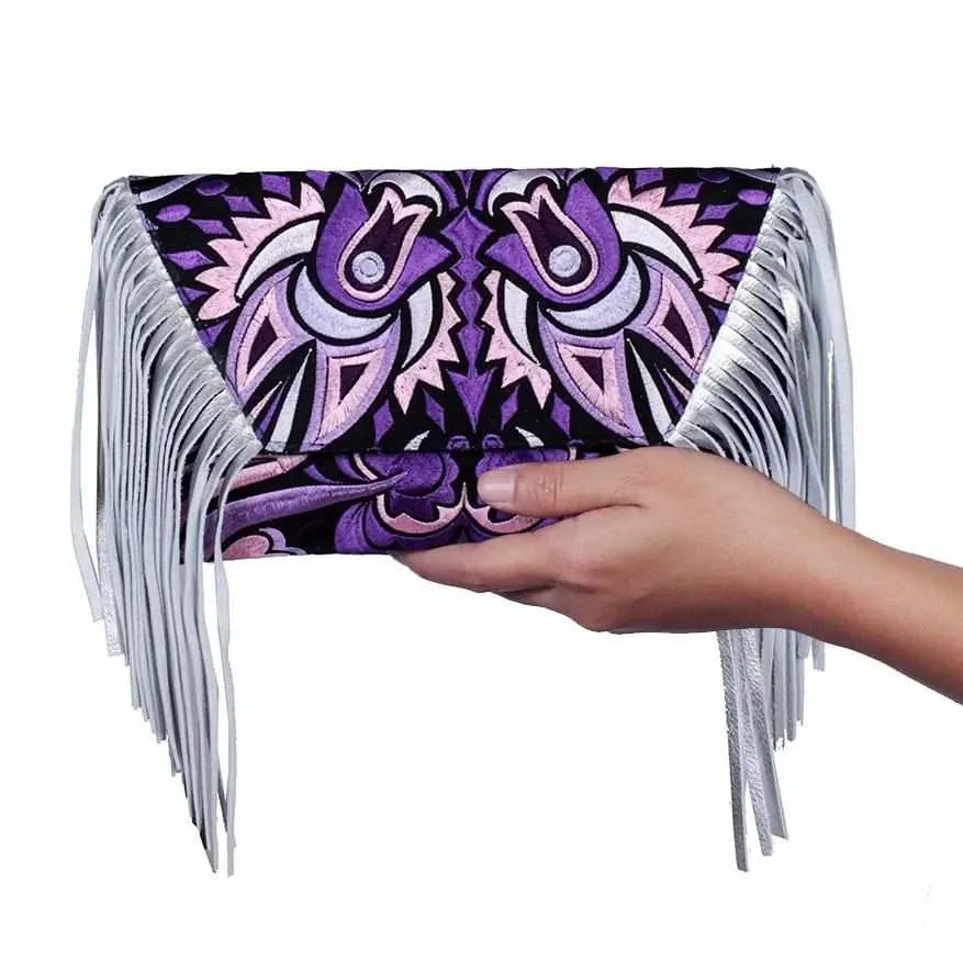 Boho Tribal Crossbody Embroidered Fringe Envelope Bag - Thailand