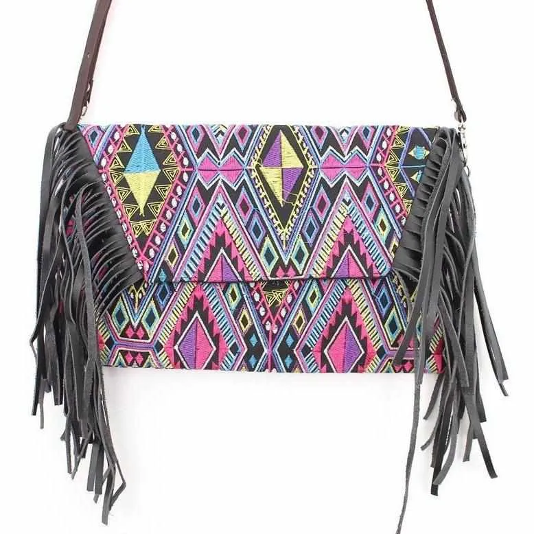 Boho Tribal Crossbody Embroidered Fringe Envelope Bag - Thailand