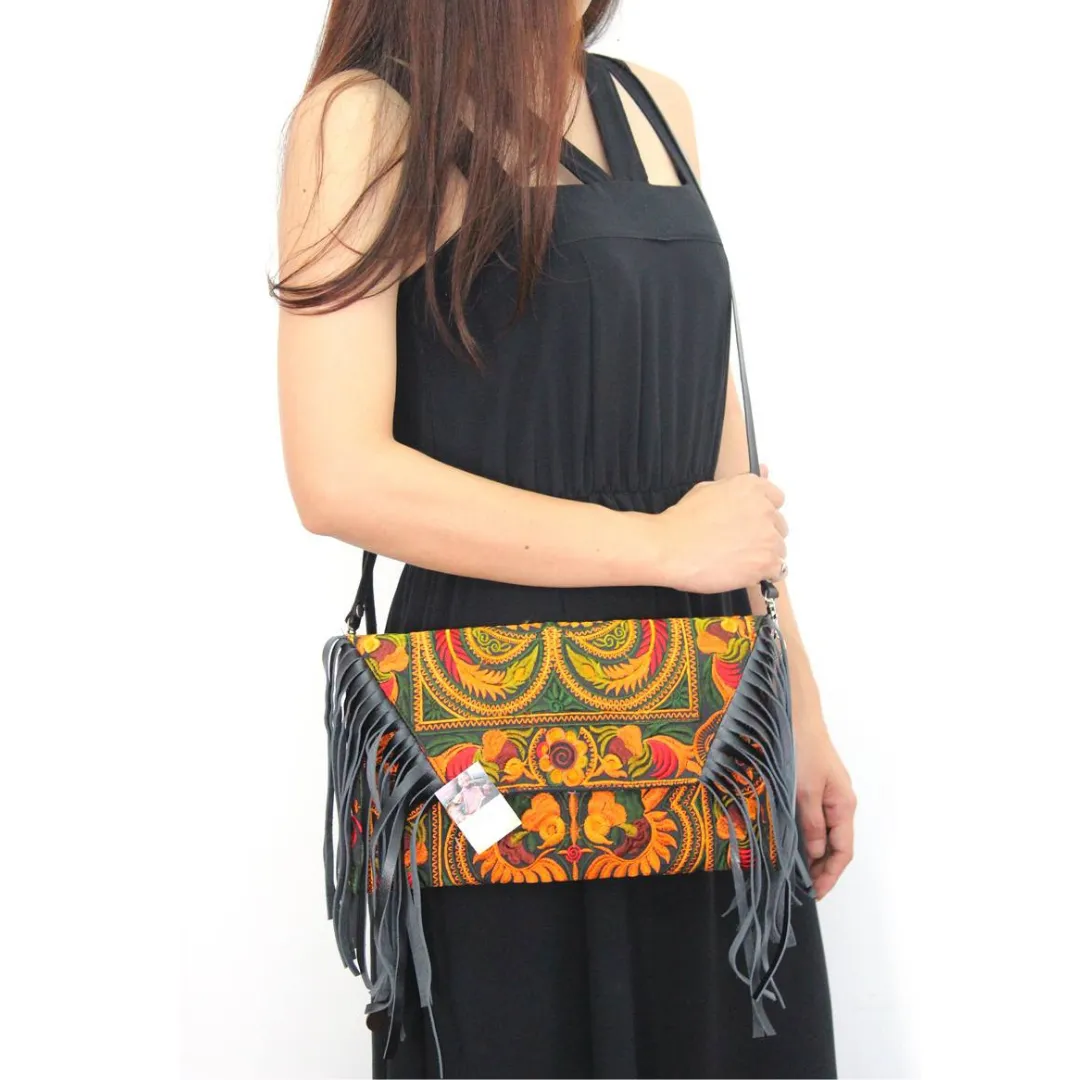 Boho Tribal Crossbody Embroidered Fringe Envelope Bag - Thailand