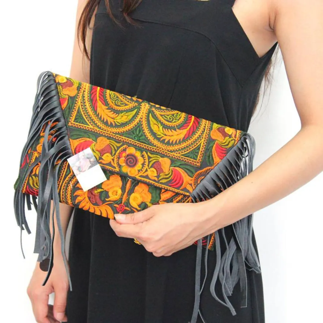 Boho Tribal Crossbody Embroidered Fringe Envelope Bag - Thailand