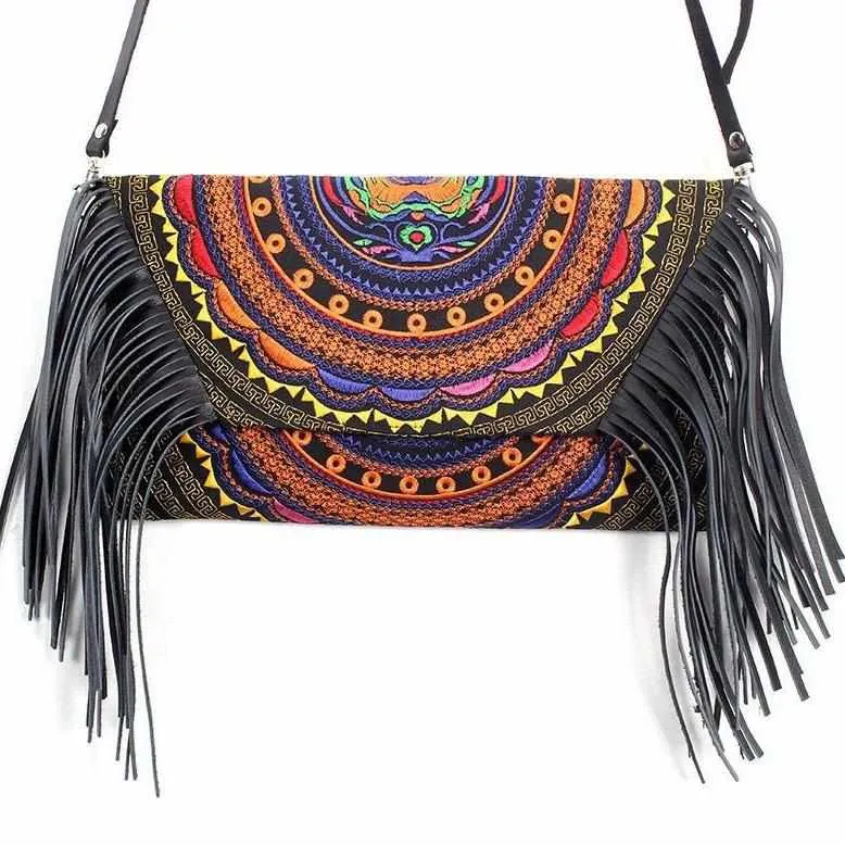 Boho Tribal Crossbody Embroidered Fringe Envelope Bag - Thailand