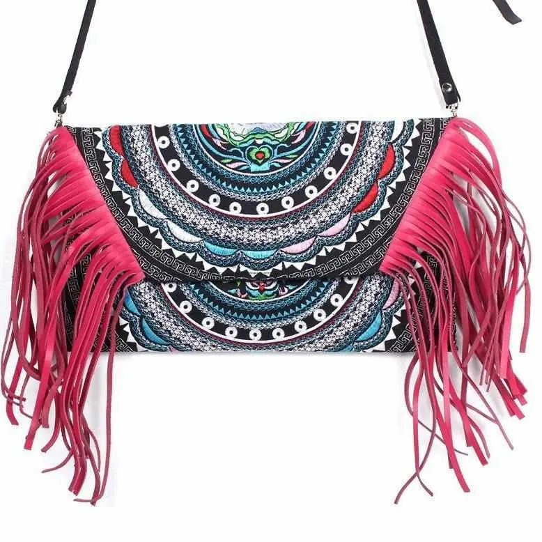 Boho Tribal Crossbody Embroidered Fringe Envelope Bag - Thailand